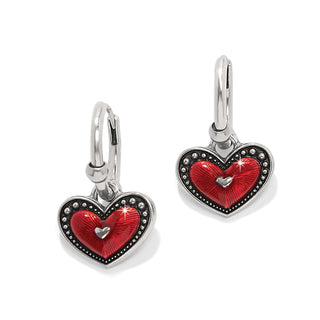 Brighton Love Me Do hoop earrings featuring red enamel heart charms with silver beaded borders