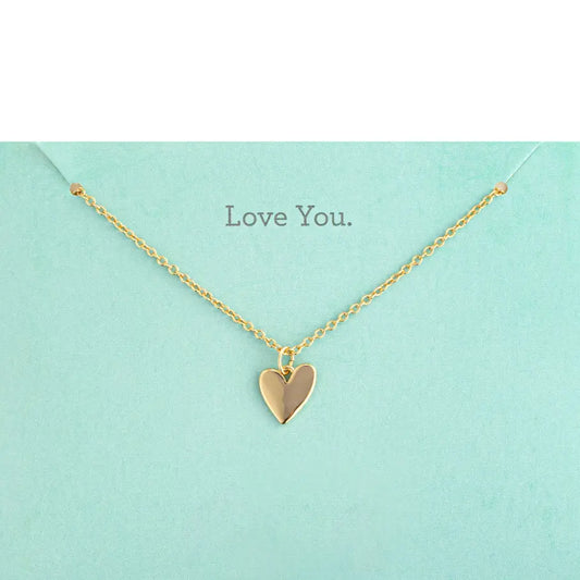Gold heart-shaped necklace on a light blue card with 'Love You' text