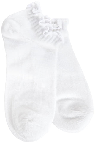 Pair of white low-cut ankle socks with decorative ruffle trim at the cuff