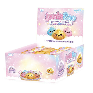 Box of Lucky Bao squeeze and collect toys with colorful dumpling illustrations 