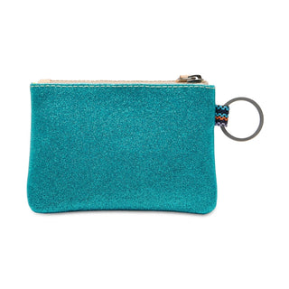 Slim teal glitter mini wallet side profile showing rounded corners and woven strap