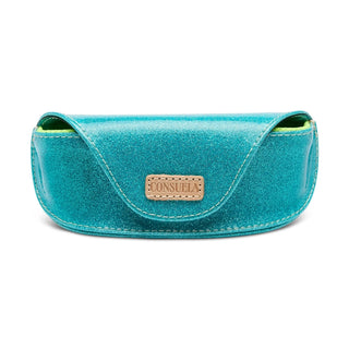 Blue glittery sunglasses case with 'Consuela' label 