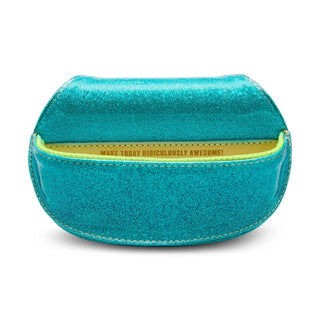 Turquoise glittery pouch with yellow interior and text 