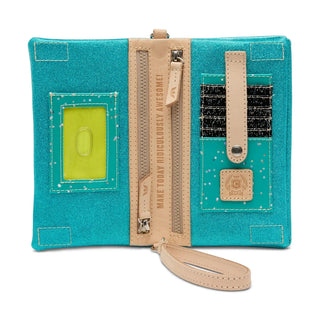 Turquoise clutch with beige accents and text 