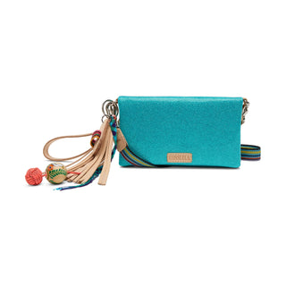 Turquoise clutch bag with colorful tassels 