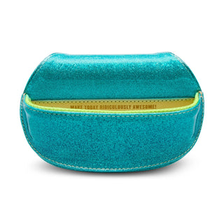 Turquoise glittery pouch with yellow interior and text 