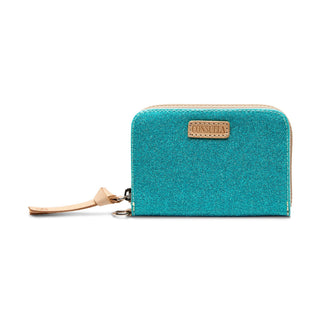 Teal wallet with beige strap and visible brand logo