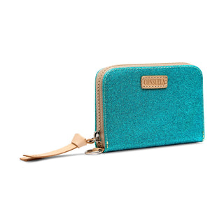 Blue wallet with beige strap and visible brand logo
