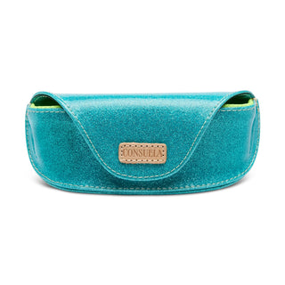 Blue glittery sunglasses case with 'Consuela' label 