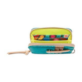 Small turquoise wallet with a colorful interior