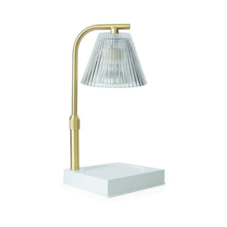 Luna Candle Warmer Lamp in gold with ribbed glass shade and white square base