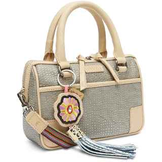 Consuela Luncheon gray metallic perforated crossbody bag with beige leather handles and colorful embroidered flower charm