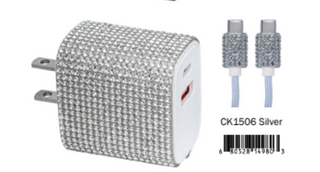Sanis Luxe Crystal 20W charger set with rhinestone-covered wall plug and USB-C cable, silver