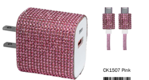 Sanis Luxe Crystal 20W pink rhinestone USB-C charger block and cable set