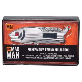 Mad Man Fisherman's Friend multi-tool in black and orange gift box with clear window showing closed silver tool