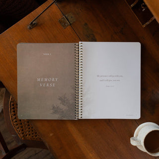 Open spiral Bible study journal showing Week 3 Memory Verse from Exodus 33:14
