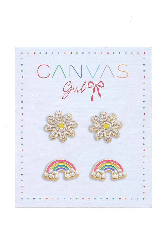 Madeleine Rainbow and Daisy Children's Stud Earrings in Worn Gold