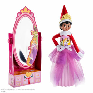 Elf on the Shelf doll in Disney Princess dress with tiara and pink mirror