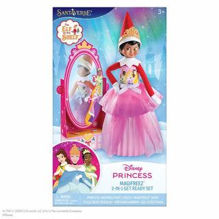 Elf on the Shelf in pink Disney Princess dress with tiara and mirror