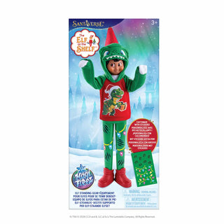 Elf on the Shelf Magifreez Dashing Dino standing gear in green dinosaur costume with red accents