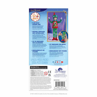 Back of packaging for Elf on the Shelf Flair Wear Dashing Dino dinosaur costume set, 5 pieces.