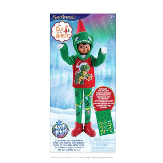Elf on the Shelf Magifreez Flair Wear Dashing Dino standing elf outfit in green and red packaging