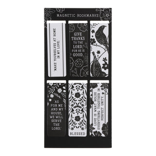 Set of six black and white magnetic bookmarks with Christian scripture quotes and floral designs