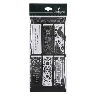 Christian Art Gifts magnetic bookmark set featuring six black and white scripture designs in packaging