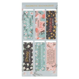 Set of six floral magnetic bookmarks with inspirational Christian phrases on display card