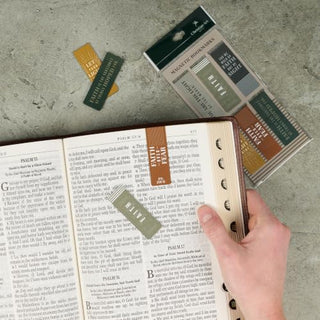 Christian Art Gifts magnetic bookmark set with Faith over Fear text displayed on open Bible