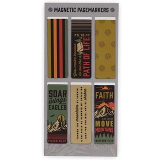 Set of six magnetic bookmarks with mountain and scripture themes on gray display card