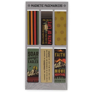 Set of six magnetic bookmarks with mountain and faith-themed designs on display card