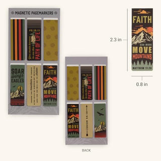 Set of six magnetic bookmarks with mountain and faith-themed designs showing front and back views