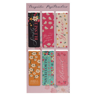 Set of six magnetic page markers with floral designs and inspirational grace and blessed messages