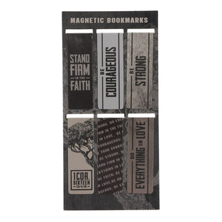 Set of six magnetic bookmarks with Stand Firm faith-based messages on dark packaging