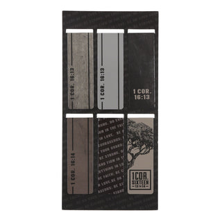 Set of six magnetic bookmarks featuring 1 Corinthians 16:13-14 scripture in gray and black tones
