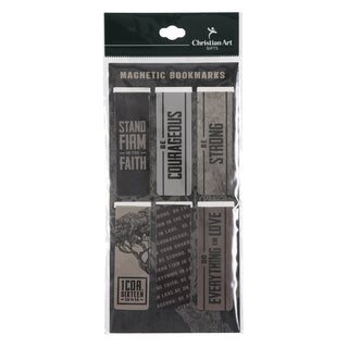 Christian Art Gifts magnetic bookmark set featuring Stand Firm in Faith phrases in black and gray
