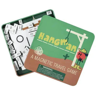 Green metal magnetic Hangman travel game tin with cartoon character, open lid showing white board and black letter tiles