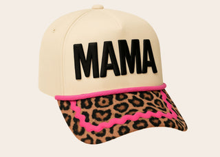 Cream baseball cap with black MAMA letters, leopard print brim, and pink trim