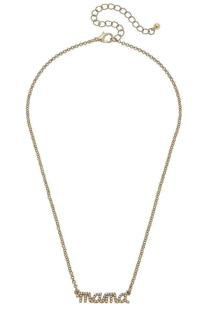 Mama Pearl Studded Script Necklace in worn Gold