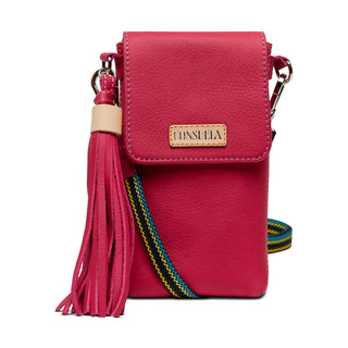 Pink handbag with tassel and colorful strap