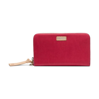 Red wallet with a gold zipper and brand logo 