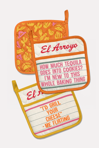 El Arroyo set of three marquee-style pot holders in orange, cream, and yellow with humorous text