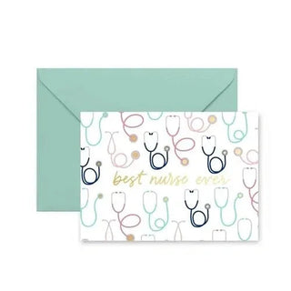 Nurse appreciation card with colorful stethoscope outlines and mint green envelope