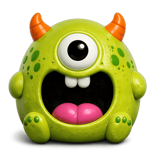 Green one-eyed monster squishy toy with orange horns and open mouth