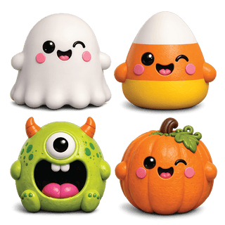 Mash Monsters Squishy set: ghost, candy corn, green monster, and pumpkin figures