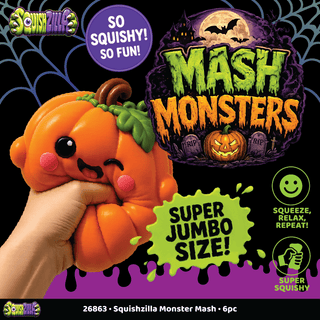 Squishzilla Mash Monsters jumbo orange pumpkin squishy toy squeezed in hand