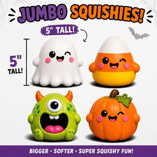 Mash Monsters Halloween jumbo squishies: ghost, candy corn, monster, and pumpkin, 5 inches tall