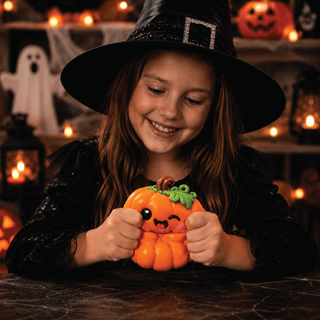Girl in witch costume squishing orange kawaii pumpkin Mash Monsters squishy toy