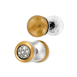 Silver-plated mixed-metal reversible earrings showing textured brushed gold and crystal detail